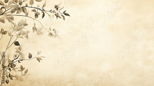 Delicate Branch with Leaves on Aged Paper Background