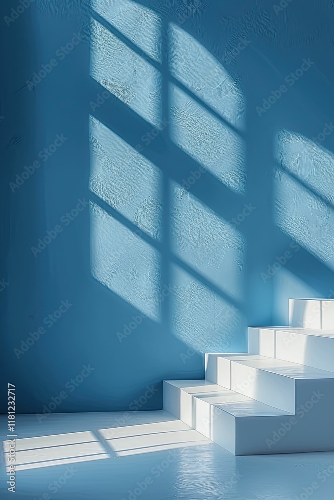 Obraz premium Bright sunlight creates interesting shadow patterns on a blue wall, complementing a white staircase in a minimal, modern space