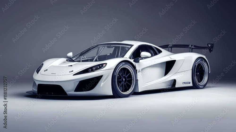 Fototapeta premium sleek open-cockpit race car, pure white exterior, performance-focused design, front quarter view, sophisticated suspension system, competition racing tires, articulated wing components, minimalist