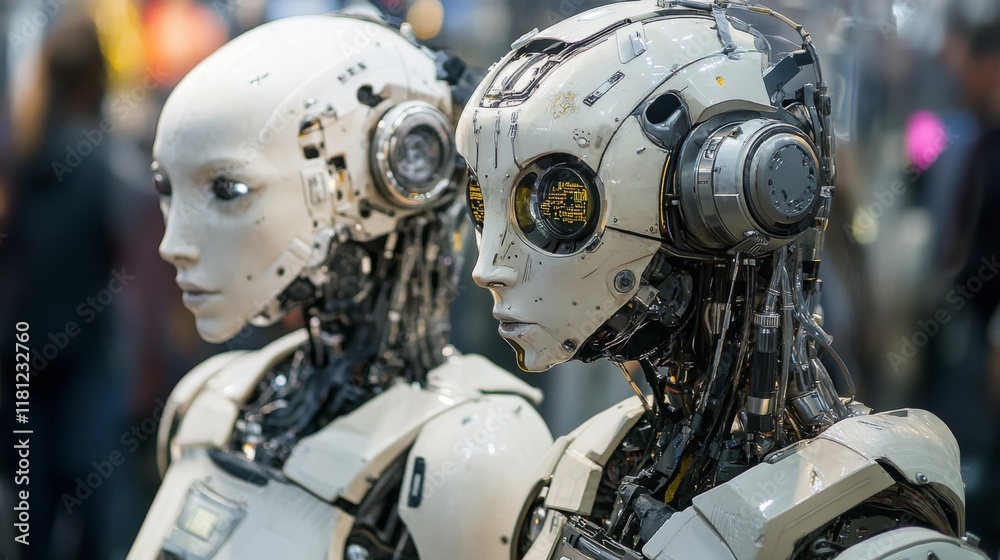 Group of humanoid robots walking through a futuristic hallway Group of humanoid robots walking through a futuristic hallway