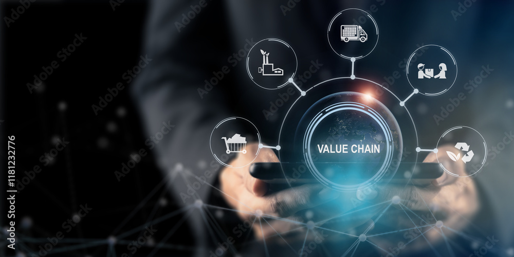 Value chain, business strategy concep. Using tablet with the value chain icons. The full lifecycle of a product or process, including material sourcing, production, consumption, recycling processes. Value chain, business strategy concep. Using tablet with the value chain icons. The full lifecycle of a product or process, including material sourcing, production, consumption, recycling processes.