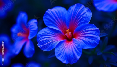 Vibrant blue hibiscus flower in full bloom, showcasing its intricate details and rich color. A stunning close-up.