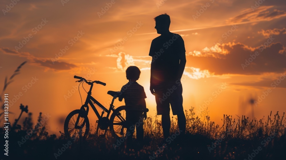 Silhouette of a man and child with a bicycle at sunset. Silhouette of a man and child with a bicycle at sunset.