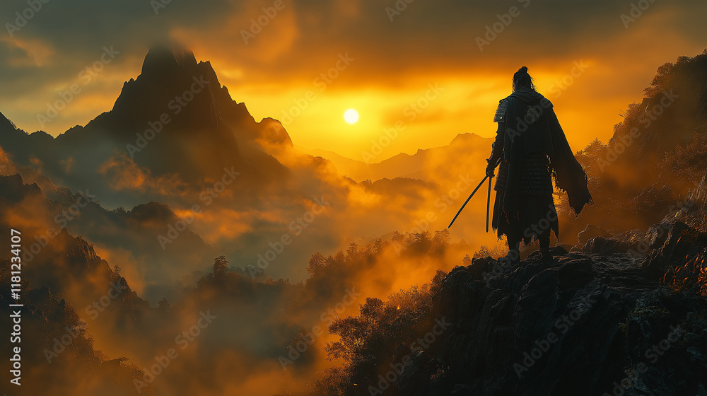 Obraz premium A powerful image of a samurai warrior embodying the spirit of discipline and honor, standing on a mountain cliff with the rising sun in the background.