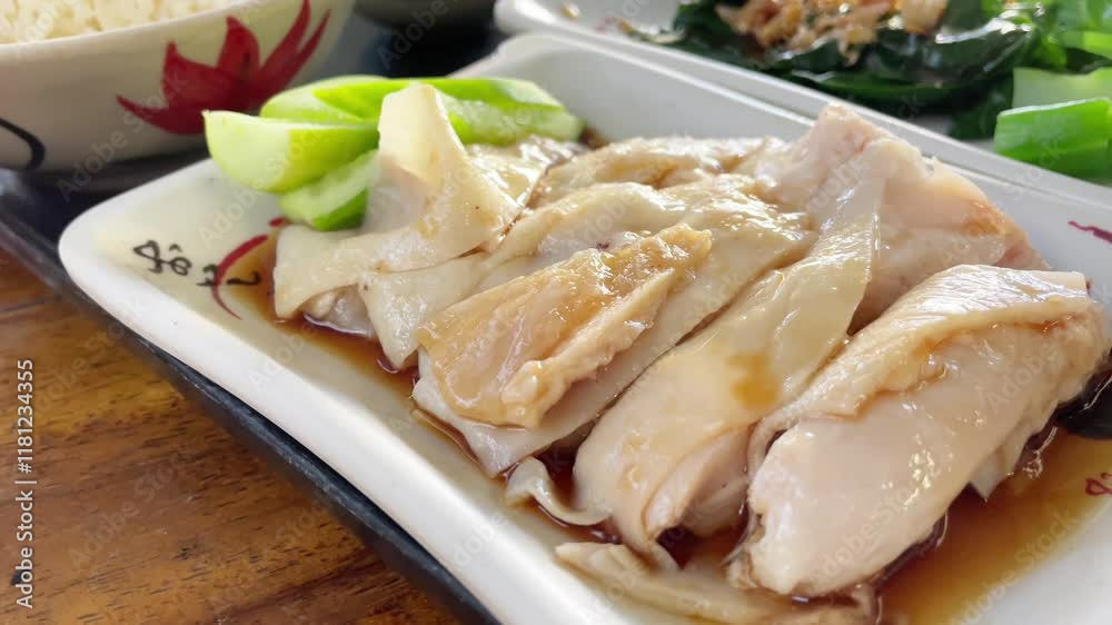 Close up of dish, Steam chicken rice, Sliced hainan-style chicken with marinated rice. Singapore-style steam chicken rice. Yummy and juicy boiled chicken. Close up of dish, Steam chicken rice, Sliced hainan-style chicken with marinated rice. Singapore-style steam chicken rice. Yummy and juicy boiled chicken.