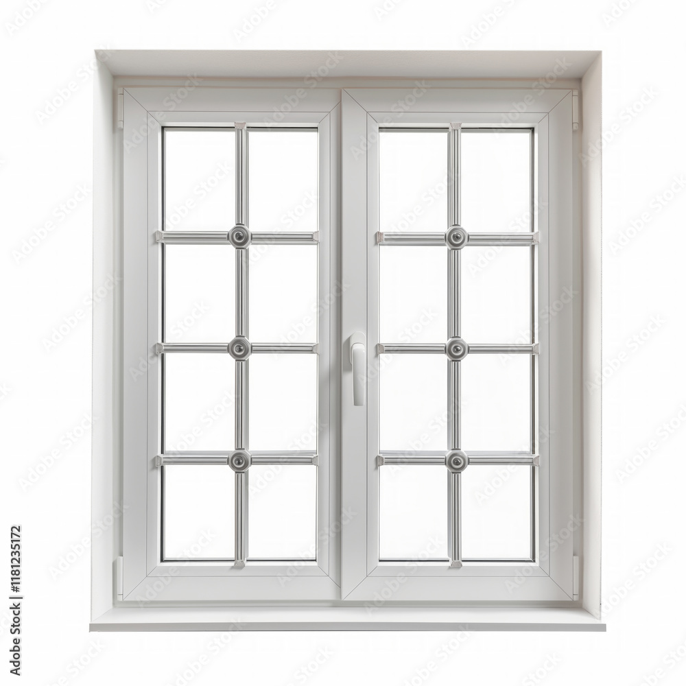 White plastic window with decorative grids. Closed clean window with modern design and handle White plastic window with decorative grids. Closed clean window with modern design and handle