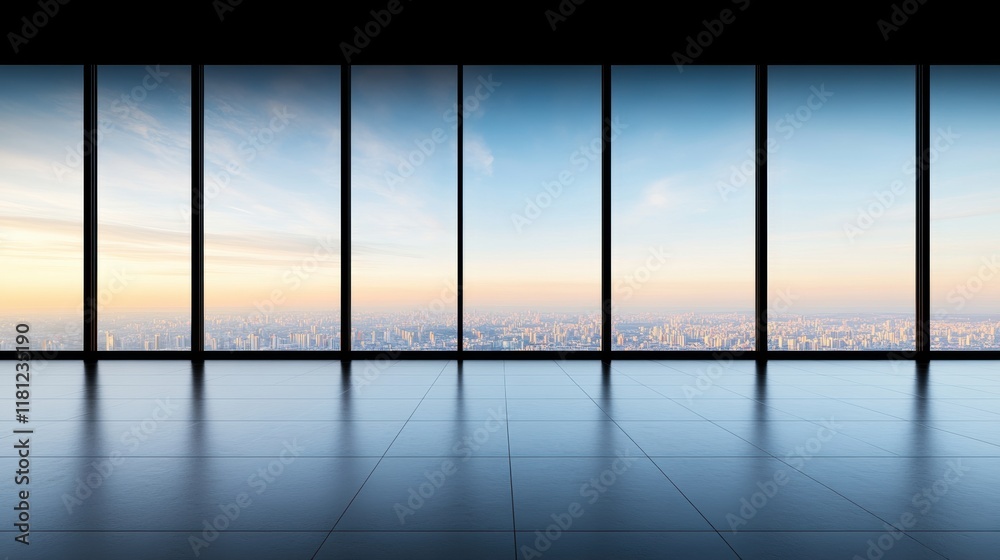 Naklejka premium Panoramic cityscape view from modern glass windows at sunrise