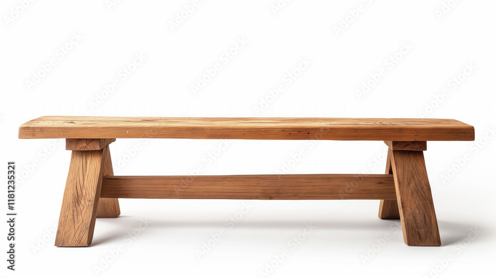 Rustic wooden bench with sturdy legs and a simple, robust design. Showcases natural wood grain and handcrafted details Rustic wooden bench with sturdy legs and a simple, robust design. Showcases natural wood grain and handcrafted details