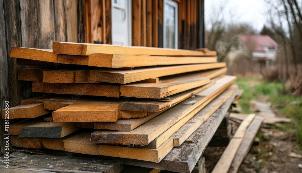 Pile of Wooden Planks Resting on a Rustic Outdoor Table in Nature Pile of Wooden Planks Resting on a Rustic Outdoor Table in Nature