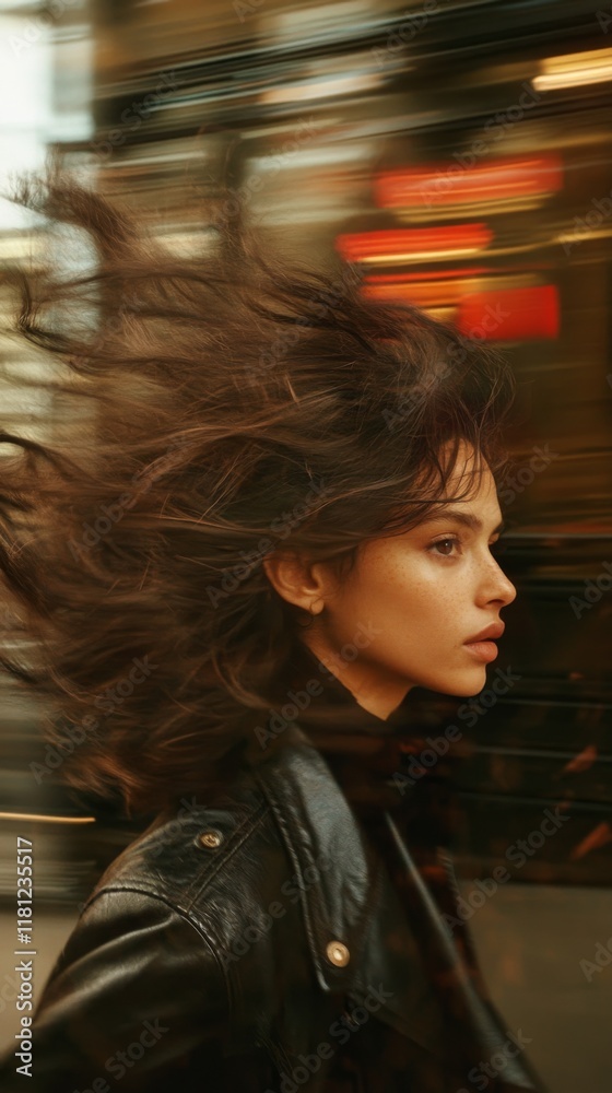 Fototapeta premium Stylish woman walking in motion in an urban city street