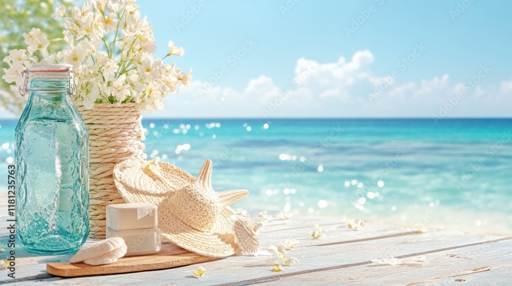 Obraz premium Shells on sand with seabeach background, summer holiday