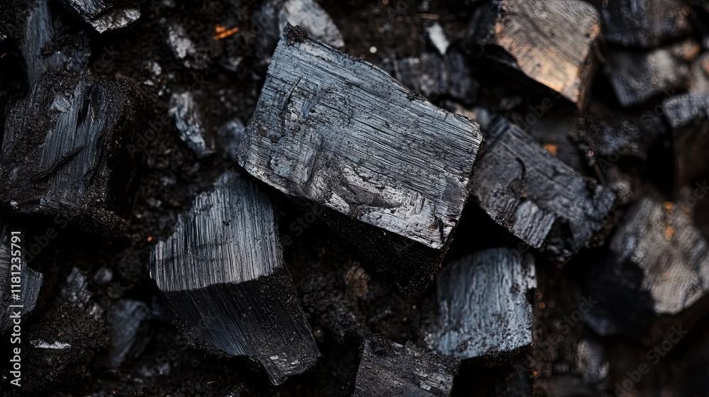 Close-up view of charcoal pieces. Dark and textured material. Close-up view of charcoal pieces. Dark and textured material.