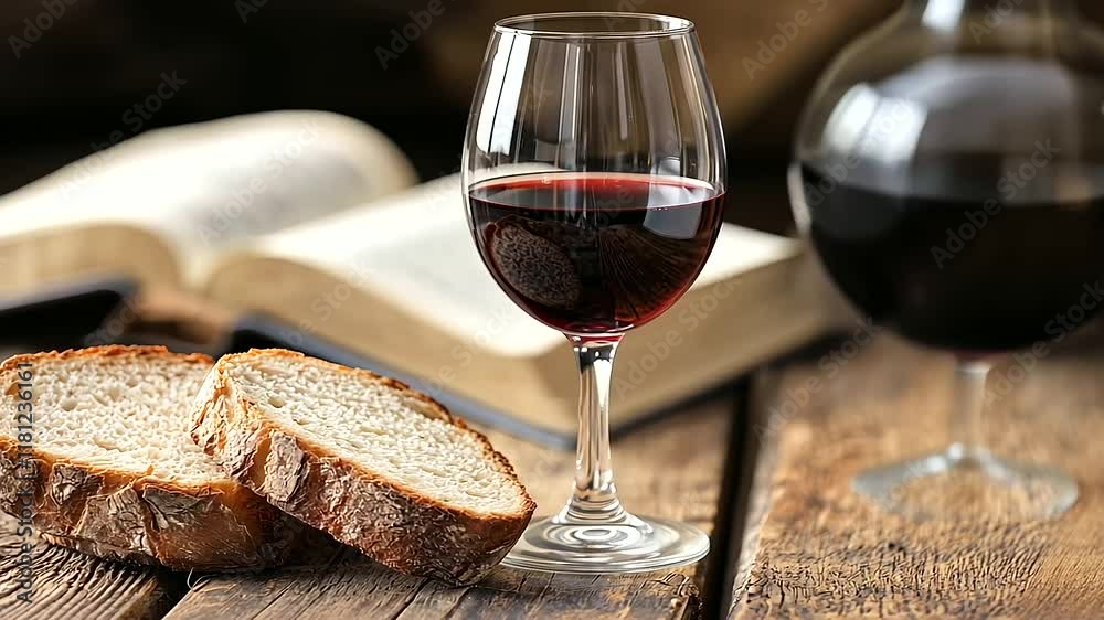 Communion Elements on Rustic Table with Bible Background