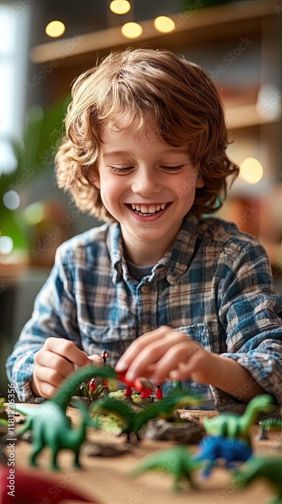 A joyful child playing with toy dinosaurs and colorful accessories on a table.