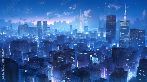 Glowing city panorama at night in anime style, capturing the vibrancy of an urban landscape photo