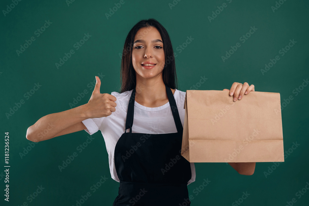 Thumb up, order is ready, in package. Young beautiful barista is against background Thumb up, order is ready, in package. Young beautiful barista is against background