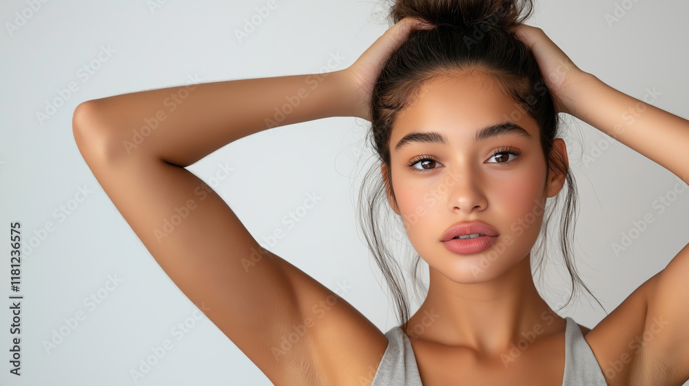 Studio portrait of beautiful young Latin woman with high ponytail, touching her hair with both hands Studio portrait of beautiful young Latin woman with high ponytail, touching her hair with both hands