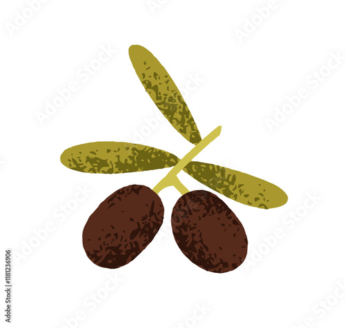 Olive branch with leaves. Healthy natural Mediterranean plant, fresh Greek vegetables growing. Black berries on twig with leaf. Botanical flat vector illustration isolated on white background