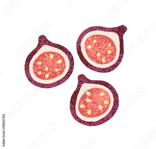 Fig fruits, cut half, pieces. Sweet fresh slices with pulp and seeds. Organic...