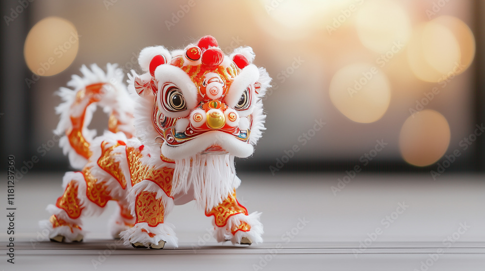 Fototapeta premium Chinese New Year Lion Dance: A traditional lion dance costume, a symbol of good luck and prosperity, takes center stage against a backdrop of warm, festive lights.