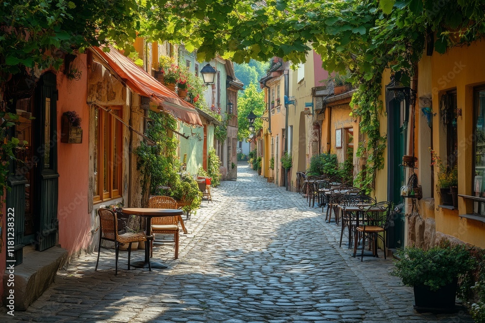 Fototapeta premium Narrow cobblestone street with colorful houses and flowers