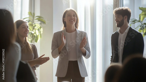 Businesswoman leading a team meeting, clapping and welcoming new colleagues in a modern office, promoting diversity and inclusion
