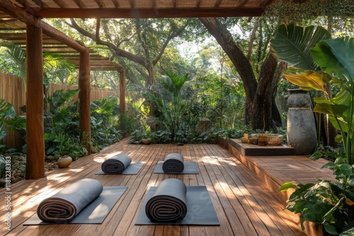 Zen garden with stone pathway and vibrant greenery photo