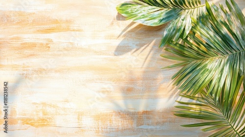 pastel color wooden table with scattered tropical leaves backgorund