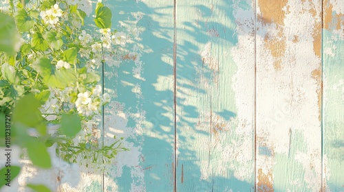 pastel color wooden table with scattered tropical leaves backgorund