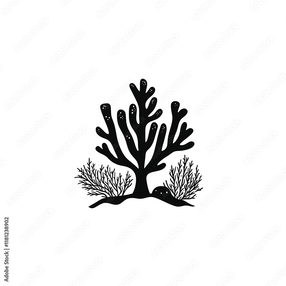 Naklejka premium Black coral illustration with surrounding flora.