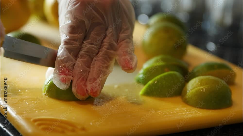 Vegetarian Slicing Fresh Lemons and Limes on Cutting Board Vegetarian Slicing Fresh Lemons and Limes on Cutting Board