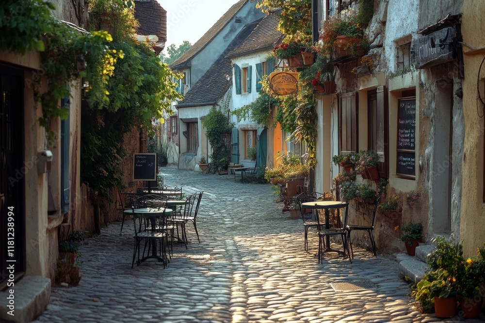 Obraz premium Cobblestone street with tables and chairs outside cafes
