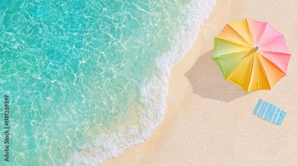 Naklejka premium Overhead view of Minimalist beach umbrella with vibrant summer color