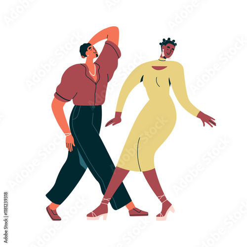 Dancing couple. Young man and woman, two dancers partners, enjoying movements...