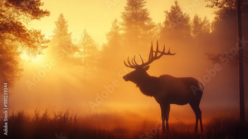Majestic Elk at Sunrise in Misty Forest