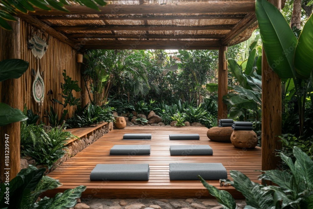 Outdoor yoga deck surrounded by tropical greenery and sunlight