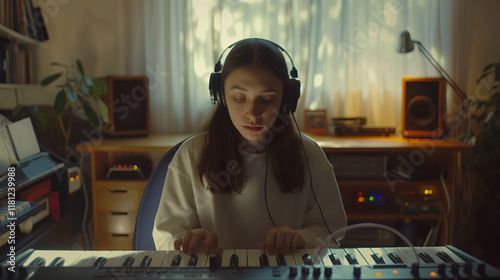 Young musician creating electronic music, wearing headphones while working with portable synthesizer in home recording space photo