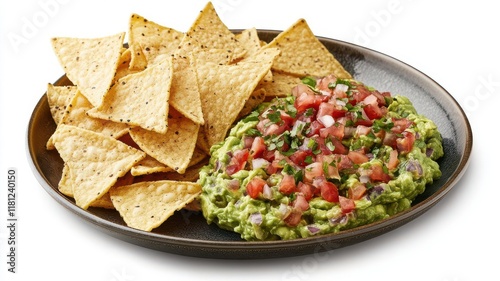 A plate of freshly made guacamole with tortilla chips, rich textures and colors, realistic style, isolated on white background photo