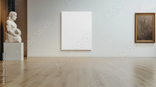 Large blank canvas hanging in a bright art gallery next to a classical statue and a framed painting, perfect for showcasing artwork