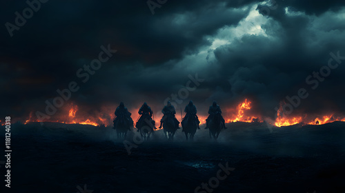 The Four Horsemen of the Apocalypse riding through a darkened landscape, with flames and storm clouds in the background photo