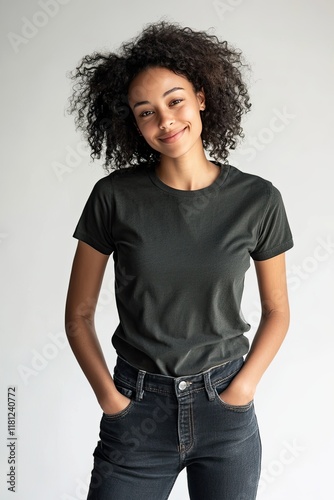 Young woman with curly hair in casual black t-shirt and jeans