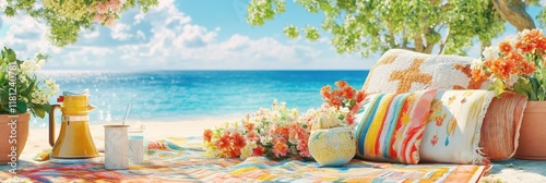 Beach view Surrounded by tropical flowers. on a blanket in a park surrounded by minimall lush greenery. with a beach in the background photo