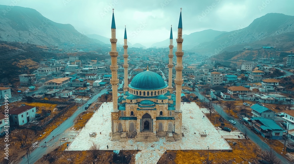 Obraz premium Majestic Mountain Mosque: A Breathtaking Architectural Marvel in a Serene Landscape. Explore this spiritual haven nestled amidst stunning natural beauty.