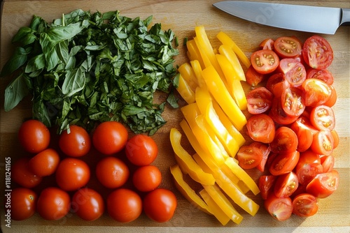 Fresh vegetables and a knife on a wooden cutting board photo