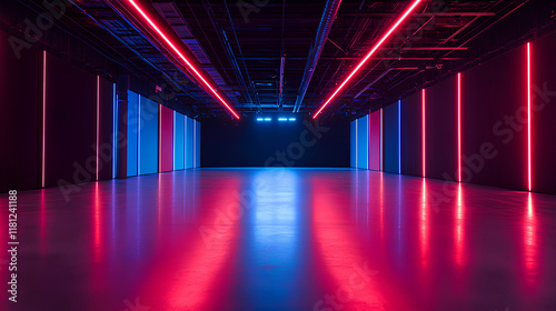A futuristic  empty dark hall with red and blue LED lights serves as a modern neon room background  evoking concept of a studio  game  show  building  industry  and future  