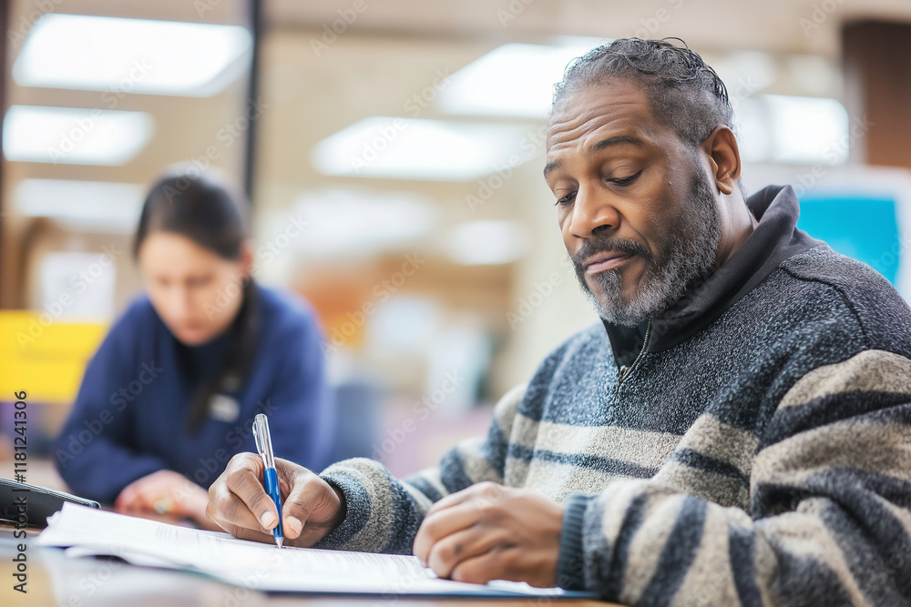 Senior african american man filling out form at homeless shelter, hoping for housing assistance