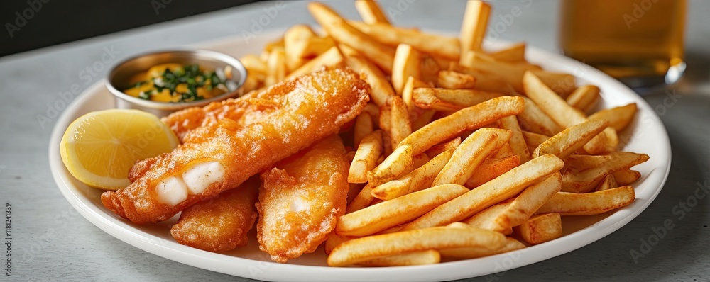 A plate of crispy fish and chips with a side of sauce and lemon. A plate of crispy fish and chips with a side of sauce and lemon.