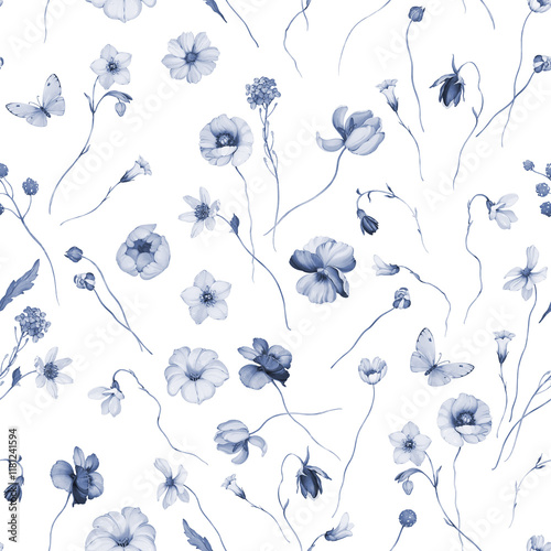 Seamless Floral Pattern with White Flowers and Butterflies