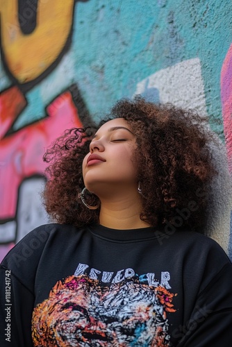 Young Woman with Curly Hair Posing Against Colorful Urban Mural