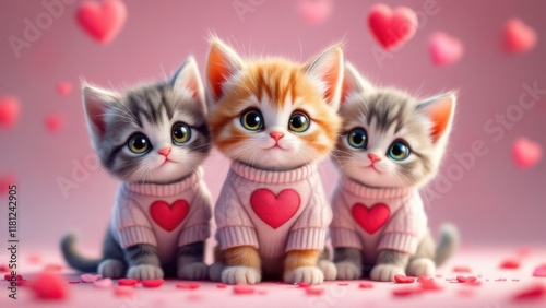 Three kittens wearing Valentine's sweaters, sitting on a pink surface with floating hearts in the background.